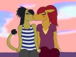  anthro beauty_mark blush camelid claws clothed clothing cloven_hooves crocodilianbooty duo feline female female/female fur hand_holding hi_res hooves kissing lion mammal sunset vicuna 