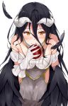  albedo apple bare_shoulders demon_girl demon_horns demon_wings dress food fruit gloves hair_between_eyes highres horns long_hair looking_at_viewer lord_saixion overlord_(maruyama) solo thighhighs white_dress white_gloves wings 