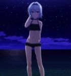  1girl beach bikini black_bikini breasts contrapposto female frilled_bikini frills high_resolution looking_at_viewer mound_of_venus night ocean ryuuou_no_oshigoto! screencap short_hair small_breasts solo sora_ginko standing stitched swimsuit water wet 