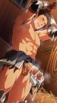 abs armor armpit blush body_hair brown_hair cum erection foreskin gloves hay hihumi male_focus muscle nipples pecs penis pubic_hair restrained rope smegma solo_focus steam sweat tagme testicles torn_clothes 
