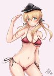  :o anchor_hair_ornament aqua_eyes arm_at_side arm_up bangs bare_arms bare_shoulders bikini black_ribbon blush breasts cleavage collarbone contrapposto cowboy_shot eyebrows_visible_through_hair flat_cap grey_hat hair_ornament hat hazuki_futahi kantai_collection leaning_to_the_side long_hair looking_at_viewer low_twintails medium_breasts navel parted_lips pink_background prinz_eugen_(kantai_collection) red_bikini ribbon side-tie_bikini signature simple_background solo standing stomach string_bikini swimsuit tareme twintails underboob 