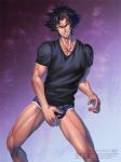  1boy black_hair bulge crotch devilman devilman_crybaby grin looking_at_viewer male_focus muscle naughty_face smirk solo teeth underwear undressing yellow_eyes 