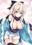  areola_slip areolae blonde_hair blush bow breasts cleavage commentary_request fate_(series) hair_bow large_breasts okita_souji_(fate) okita_souji_(fate)_(all) sasorigatame solo standing thighhighs yellow_eyes zettai_ryouiki 