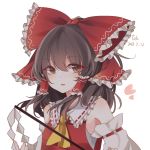  1girl bangs bare_shoulders blush bow dated detached_sleeves eyebrows_visible_through_hair frilled_bow frilled_hair_tubes frilled_shirt_collar frills gohei hair_bow hakurei_reimu heart holding large_bow long_hair looking_at_viewer parted_lips red_bow red_shirt ribbon-trimmed_sleeves ribbon_trim shirt sidelocks simple_background solo toriki touhou upper_body white_background 