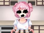  bangs blood bloody_tears blush collarbone doki_doki_literature_club eyebrows_visible_through_hair facing_viewer food glitch hair_ornament highres holding muffin natsuki_(doki_doki_literature_club) open_mouth pink_hair shirt short_hair simple_background smile spoilers white_shirt yu_cha 