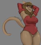  anthro big_breasts bottomless breasts clothed clothing feline female hair hands_behind_head izzy223 mammal miranda_(wakfu) pubes pussy smile solo standing tight_clothing wakfu wide_hips 