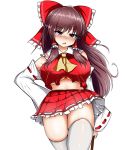  ascot ass_visible_through_thighs blush bow breasts brown_hair crop_top detached_sleeves hair_bow hair_tubes hakurei_reimu highres isshin_(sasayamakids) large_breasts long_hair looking_at_viewer miniskirt no_bra pink_eyes red_bow red_skirt ribbon-trimmed_sleeves ribbon_trim simple_background skirt skirt_set solo standing tears thigh_gap thighhighs touhou underboob white_background white_legwear yellow_neckwear 