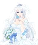  azur_lane bare_shoulders blue_eyes bouquet breasts bridal_veil bride cleavage collarbone commentary_request cowboy_shot crown dress earrings enterprise_(azur_lane) eyebrows_visible_through_hair eyelashes fingernails floating_hair flower hand_up highres holding holding_bouquet jewelry long_hair looking_at_viewer medallion medium_breasts mini_crown neck_garter parted_lips ribbon ring rose shichijou_natori silver_hair smile solo veil wedding_dress wedding_ring white_dress white_flower white_rose 