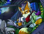  anthro arwing beverage brown_fur canine clothing cockpit dipstick_tail food fox fox_mccloud fur gloves green_eyes hi_res jacket ladyodsinends male malimarthemage mammal multicolored_tail nintendo planet scarf sitting solo space star_fox video_games white_fur 