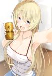  :3 :d arm_up armpits bangs bare_shoulders beer_can belt belt_buckle blonde_hair blue_eyes blurry blurry_background blush breasts buckle camisole can cleavage collarbone commentary_request covered_navel depth_of_field eyebrows_visible_through_hair foreshortening holding indoors jewelry kiriyama_nao large_breasts long_hair looking_at_viewer meth_(emethmeth) necklace open_mouth outstretched_arm pendant reaching_out self_shot shiny shiny_skin sleeveless smile solo straight_hair takunomi. upper_body v-shaped_eyebrows very_long_hair water_drop yebisu 