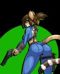  2018 anthro big_breasts big_butt breasts butt butt_focus butt_pose cat clothing eyewear fallout feline female glasses gun helia_peppercats_(wrinklynewt) jumpsuit limebreaker mammal ponytail ranged_weapon side_boob solo tight_clothing video_games weapon 