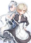  apron azur_lane bangs belfast_(azur_lane) blonde_hair blue_eyes blush braid breast_hold breasts chain collar cowboy_shot elbow_gloves eyebrows_visible_through_hair gloves hair_over_one_eye hand_on_hip highres long_hair looking_at_viewer maid maid_apron maid_headdress medium_breasts multiple_girls nedia_(nedia_region) open_mouth parted_bangs profile revision ribbon sheffield_(azur_lane) silver_hair waist_apron white_apron white_background white_gloves white_legwear yellow_eyes 