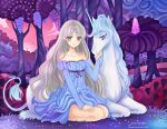  bare_shoulders dress dual_persona fantasy forest horns lady_amalthea larienne long_hair nature purple_eyes silver_hair the_last_unicorn the_unicorn_(the_last_unicorn) unicorn 
