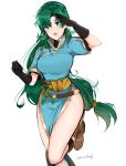  :d absurdres alternate_hairstyle arm_up asymmetrical_bangs bangs belt black_gloves blue_dress blush boots braid breasts brown_footwear crown_braid dress earrings elbow_gloves eyebrows_visible_through_hair fire_emblem fire_emblem:_rekka_no_ken fire_emblem_heroes gloves green_eyes green_hair groin high_ponytail highres jewelry knee_boots large_breasts leg_up long_hair looking_at_viewer low-tied_long_hair lyndis_(fire_emblem) medium_breasts open_mouth ormille pelvic_curtain ponytail round_teeth salute sash sharena short_sleeves simple_background smile solo standing standing_on_one_leg teeth thighs twitter_username very_long_hair white_background 