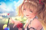  :d arm_strap bangs bare_shoulders blonde_hair blue_sky blunt_bangs blurry blurry_background cup day depth_of_field drink drinking_glass drinking_straw earrings eyebrows_visible_through_hair fang food from_side fruit hair_ornament hair_scrunchie heart idolmaster idolmaster_cinderella_girls jewelry jougasaki_rika lemon lemon_slice long_hair looking_at_viewer looking_to_the_side necklace open_mouth pendant red_scrunchie rorona_s. scrunchie sky sleeveless smile solo stud_earrings two_side_up upper_body wrist_scrunchie 