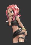  armband chiyo_maru crop_top fang green_eyes grey_background hand_to_own_mouth highres midriff miniskirt navel octarian octoling open_mouth pink_hair pointy_ears short_hair simple_background single_sleeve skirt solo splatoon_(series) splatoon_2 splatoon_2:_octo_expansion squidbeak_splatoon tank_top tentacle_hair tentacles thigh_strap 