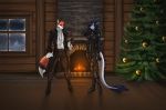  2017 anthro blue_hair cabin canine christmas christmas_tree clothing dragon eliana-asato female fire fox fur green_eyes hair holidays male mammal orange_fur short_hair tree winter 