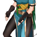  belt black_gloves black_legwear blue_dress dress fingerless_gloves fire_emblem fire_emblem:_rekka_no_ken gloves green_hair highres long_hair lower_body lyndis_(fire_emblem) ormille pantyhose pelvic_curtain print_legwear sash short_sleeves side_slit simple_background solo standing thighs twitter_username very_long_hair white_background 