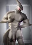  &lt;3 5_fingers absurd_res anthro balls bathroom big_penis blush drooling fish hi_res humanoid_penis looking_at_viewer male marine masturbation muscular muscular_male penetration penis precum saliva sex_toy shark smile solo twstacker v_sign 