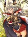  black_legwear blush boots bracer breasts cake cape cowboy_shot day draph dutch_angle elbow_gloves embarrassed food gloves granblue_fantasy grey_hair hair_between_eyes highres horns huge_breasts light_rays long_hair looking_away open_mouth outdoors pekoneko plate red_eyes skirt solo sunbeam sunlight thalatha_(granblue_fantasy) thigh_boots thighhighs tree valentine very_long_hair wavy_mouth wrist_guards 