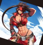  1girl abs arm_up armpits belt black_gloves black_panties breasts brown_hair choker cleavage cloud cloudy_sky fingerless_gloves forehead_protector genderswap genderswap_(mtf) gloves grin guilty_gear hand_on_head hand_on_hip heterochromia highleg highleg_panties highres large_breasts long_hair looking_at_viewer midriff navel ogami panties ponytail red_eyes sky smile sol_badguy solo toned underwear yellow_eyes 