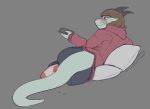  anthro blush clothed clothing female hair horn izzy223 lying on_side pillow scalie simple_background solo wide_hips 