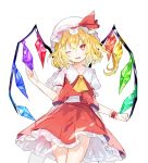  ascot blonde_hair cowboy_shot fang flandre_scarlet hand_up hat hat_ribbon looking_at_viewer miniskirt mob_cap nuudoru one_eye_closed puffy_short_sleeves puffy_sleeves red_eyes red_ribbon red_skirt ribbon short_sleeves simple_background sketch skirt skirt_set smile solo standing touhou white_hat wings wrist_cuffs yellow_neckwear 