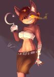  anthro bandage breasts brown_hair canine clothing crossgender eye_patch eyewear female five_nights_at_freddy&#039;s fox foxy_(fnaf) glowing glowing_eyes hair hair_over_eye hi_res hook hook_hand looking_at_viewer mammal nipple_bulge nipples pirate rizkitsuneki sharp_teeth simple_background smile solo teeth video_games yellow_eyes 