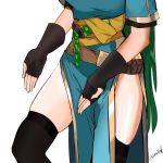  belt black_gloves black_legwear blue_dress dress fingerless_gloves fire_emblem fire_emblem:_rekka_no_ken gloves green_hair highres long_hair lower_body lyndis_(fire_emblem) ormille pelvic_curtain sash short_sleeves side_slit simple_background solo standing thighhighs thighs twitter_username very_long_hair white_background 