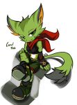  2018 anrock3 anthro boots breasts carol_tea clothing feline female fingerless_gloves footwear freedom_planet freedom_planet_2 fur gloves green_eyes green_fur mammal midriff navel scarf shorts signature simple_background solo video_games white_background wildcat 