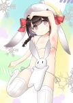  absurdres animal animal_ears animal_hat arm_up armpits bangs bare_arms bare_shoulders bikini blush bow braid breasts brown_hair bunny bunny_ears bunny_hat ears_down eyebrows_visible_through_hair girls_frontline hair_ribbon hat hat_bow head_tilt highres long_hair looking_at_viewer m99_(girls_frontline) no_shoes note2000 parted_lips purple_eyes red_bow ribbed_legwear ribbon side-tie_bikini single_braid small_breasts snowflakes solo striped striped_bow swimsuit thighhighs white_bikini white_hat white_legwear white_ribbon 