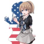  :d america american_flag american_flag_print bangs belt black_shirt blue_eyes brown_hair cowboy_shot drop_shadow flag_print grey_skirt hand_up intrepid_(kantai_collection) kantai_collection looking_at_viewer multicolored_neckwear neckerchief open_mouth ponytail shirt short_hair simple_background skirt smile solo standing tk8d32 waving white_background wing_collar 
