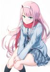  bangs black_legwear blue_jacket blue_neckwear blush closed_mouth darling_in_the_franxx eyebrows_visible_through_hair feet_out_of_frame green_eyes hairband highres horns invisible_chair jacket kneehighs kou_v05first long_hair long_sleeves looking_at_viewer miniskirt open_clothes open_jacket own_hands_together pink_hair pleated_skirt red_scarf scarf school_uniform shirt simple_background sitting skirt smile solo straight_hair striped striped_neckwear tsurime very_long_hair white_background white_hairband white_shirt zero_two_(darling_in_the_franxx) 