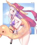  azur_lane bangs bare_shoulders bikini blue_sky blunt_bangs bow bracelet breasts cloud commentary_request cowboy_shot cygnet_(azur_lane) day eyebrows_visible_through_hair flower_bracelet from_side front-tie_bikini front-tie_top hair_ornament hairclip hat hat_bow innertube jewelry leaning_forward lei long_hair looking_at_viewer looking_to_the_side medium_breasts mimelond outdoors outside_border pink_bow pink_eyes plaid plaid_bikini sideboob sidelocks silver_hair sky solo standing straight_hair straw_hat swimsuit thighs torpedo transparent very_long_hair yellow_innertube 
