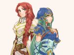  armor blue_armor blue_eyes blush braid breastplate fire_emblem fire_emblem:_souen_no_kiseki green_eyes green_hair helmet long_hair looking_at_viewer multiple_girls nephenee polearm red_hair spear tiamat_(fire_emblem) tnmrdgr weapon 