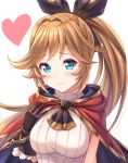  1girl bangs black_ribbon blue_cape blue_eyes blush breasts brown_gloves cape clarisse_(granblue_fantasy) closed_mouth commentary_request eyebrows_visible_through_hair frilled_gloves frills gloves granblue_fantasy hair_ribbon hand_up heart highres hood hood_down hooded_cape light_brown_hair long_hair medium_breasts multicolored multicolored_cape multicolored_clothes ponytail red_cape ribbed_sweater ribbon simple_background smile solo sweater tomo_(user_hes4085) upper_body very_long_hair white_background white_sweater 