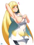  armpits artist_name bangs bare_shoulders blonde_hair blush breasts closed_mouth covered_navel curvy dress dress_pull green_eyes hair_over_one_eye highres jewelry jmg large_breasts long_hair looking_at_viewer lusamine_(pokemon) no_bra pokemon pokemon_(game) pokemon_sm simple_background sleeveless sleeveless_dress smile solo very_long_hair white_background white_dress 