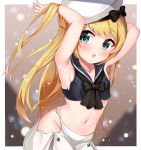  2drr :o adapted_costume aqua_eyes arched_back bangs black_bow black_sailor_collar black_shirt blonde_hair blurry blurry_background blush bow breasts collarbone cowboy_shot crop_top dutch_angle eyebrows_visible_through_hair groin hands_in_hair hat hat_bow hip_vent jervis_(kantai_collection) kantai_collection light_particles long_hair looking_at_viewer midriff navel no_panties open_mouth outside_border sailor_collar sailor_hat shiny shiny_hair shirt sideboob skirt sleeveless small_breasts solo standing stomach tareme torn_clothes torn_shirt torn_skirt very_long_hair white_hat white_skirt 