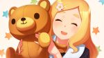  black_shirt blonde_hair blush closed_eyes commentary dacchi flower hair_flower hair_ornament harohapi!_shinonome_megu-chan_no_oheya highres long_hair open_mouth shinonome_megu shirt smile solo star starry_background stuffed_animal stuffed_toy teddy_bear thick_eyebrows virtual_youtuber 