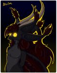  2014 anthro black_fur black_hair digital_media_(artwork) dragon fur furred_dragon glowing glowing_eyes hair horn male mirroidal mirroidal_dragon multi_ear nude sairlan_(mirroidal) simple_background solo yellow_sclera 