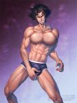  1boy abs black_hair bulge crotch devilman devilman_crybaby grin looking_at_viewer male_focus muscle naughty_face nipples pecs smirk solo teeth topless underwear undressing yellow_eyes 