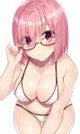  adjusting_eyewear bare_arms bare_shoulders bikini black-framed_eyewear blush breasts cleavage closed_mouth collarbone cowboy_shot eyebrows_visible_through_hair eyes_visible_through_hair fate/grand_order fate_(series) glasses hair_over_one_eye highres hiiragi_hajime large_breasts leaning_forward looking_at_viewer mash_kyrielight navel pink_hair purple_eyes shiny shiny_hair shiny_skin short_hair simple_background smile solo standing swimsuit swimsuit_of_perpetual_summer thigh_gap thighs white_background white_bikini 