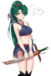  :o ? absurdres asymmetrical_bangs bandages bangs bare_arms bare_shoulders black_legwear blue_skirt blush bow breasts cowboy_shot earrings eyebrows_visible_through_hair fire_emblem fire_emblem:_rekka_no_ken fire_emblem_musou green_eyes green_hair halter_top halterneck high_ponytail highres holding holding_sword holding_weapon jewelry large_breasts long_hair looking_at_viewer lyndis_(fire_emblem) medium_breasts miniskirt navel open_mouth ormille over-kneehighs ponytail red_bow ribbon-trimmed_legwear ribbon_trim simple_background skirt solo speech_bubble spoken_question_mark standing stomach sword sword_behind_back thighhighs twitter_username underwear very_long_hair weapon weapon_on_back white_background 