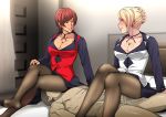  2girls bed blonde_hair blue_eyes blush breasts brown_eyes brown_hair censored cleavage clothed_female_nude_male earrings feet femdom girl_on_top gureko_rouman hair_bun happy happy_sex highres indoors large_breasts legs legs_crossed looking_at_another lying matching_hair/eyes mature_(kof) mosaic_censoring multiple_girls naughty_face no_shoes pantyhose parted_lips penis pillow sex short_hair sitting sitting_on_face sitting_on_person smile sweat the_king_of_fighters thighs toes torn_pantyhose vaginal vice 