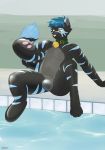  2017 4_toes animate_inanimate anthro bell black_fur blue_fur blue_hair bulge cat collar digital_drawing_(artwork) digital_media_(artwork) feline fur green_collar hair hi_res inflatable living_inflatable male mammal markings multicolored_fur nude orange_eyes pawpads paws pink_nose pink_pawpads poiuytrew pool_toy rubber shiny sige simple_background solo striped_fur stripes swimming_pool toes transformation two_tone_fur water 