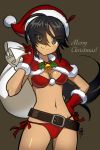  artist_name bangs bell bikini black_background black_eyes black_hair breasts capelet christmas closed_mouth commentary cowboy_shot dark_skin english eyebrows_visible_through_hair eyes_visible_through_hair girls_und_panzer hair_over_one_eye hand_on_hip hat hat_feather highres holding jingle_bell kanou_90 long_hair looking_at_viewer medium_breasts merry_christmas navel ogin_(girls_und_panzer) over_shoulder red_bikini red_capelet red_hat sack santa_costume santa_hat side-tie_bikini signature smile solo standing swept_bangs swimsuit 