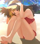  barefoot bikini blush breasts brown_eyes brown_hair hat highres idolmaster idolmaster_million_live! lens_flare long_hair looking_at_viewer medium_breasts miyao_miya open_mouth red_bikini sitting sketch smile solo straw_hat swimsuit wattsu 