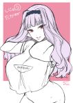  2017 bottomless breasts crop_top crop_top_overhang dated hairband hands_in_hair idolmaster idolmaster_(classic) large_breasts lips long_hair navel out-of-frame_censoring pink_hair red_eyes shijou_takane sketch smile solo sumeragi_kohaku 