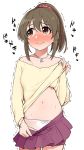  bare_shoulders blush bow bow_panties bracelet brown_eyes brown_hair collarbone commentary_request cowboy_shot eyebrows_visible_through_hair full-face_blush highres hori_yuuko idolmaster idolmaster_cinderella_girls jewelry lifted_by_self long_hair long_sleeves navel necklace nervous_smile off-shoulder_shirt off_shoulder omaru_gyuunyuu panties pleated_skirt ponytail pulled_by_self shirt shirt_lift sidelocks simple_background skirt skirt_pull solo standing stomach sweat trembling underwear wavy_mouth white_background white_panties 