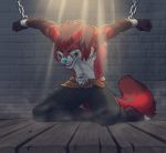  2018 anthro barefoot blue_nose bound brown_hair canine chain chained detailed_background digital_media_(artwork) eyes_closed fox fur hair kero_tzuki male mammal red_fur shackles solo teeth 